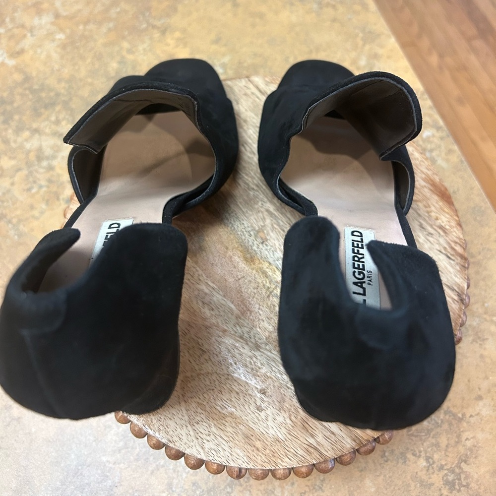 Karl Lagerfeld Black Suede Peep-Toe Block Heel Shoes - Picture 10 of 12
